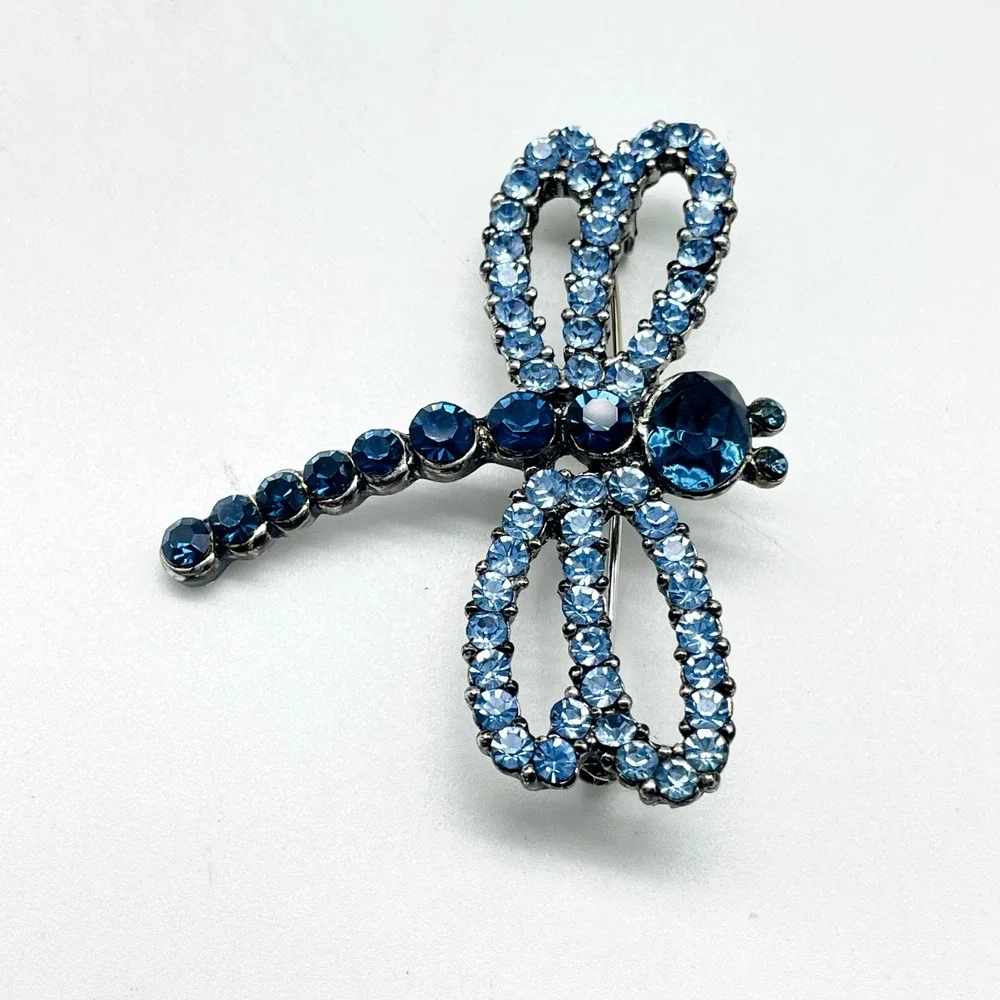 Blue Rhinestone Dragonfly Brooch Silver Tone Insect Pin Bug - Picture 2 of 6